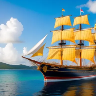 in your rendering, highlight the imposing presence of the spanish galleon as it sits at anchor in the tranquil caribbean harbor