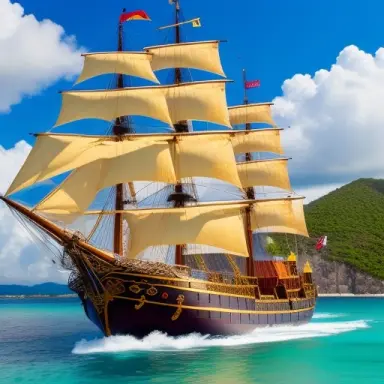 in your rendering, highlight the imposing presence of the spanish galleon as it sits at anchor in the tranquil caribbean harbor