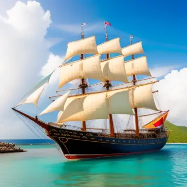 a spanish galleon ship in a tropical caribbean secluded harbour on calm water, late afternoon, show close up details portside,