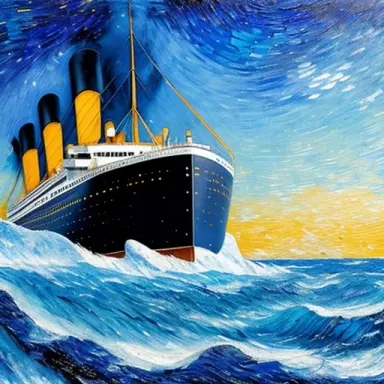 highly detailed, titanic crashing into iceberg, realistic painting, (long shot), dark blue sky, intricated details, 4k, by vince