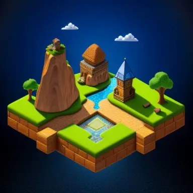 [(simple background 1.5), 5],, (isometric 3d art of floating rock citadel), cobblestone, stone road and hill with a small water