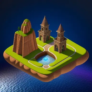 [(simple background 1.5), 5], (isometric 3d art of floating rock citadel), cobblestone, stone road and hill with a small waterf