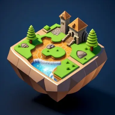 [(simple background 1.5), 5], (isometric 3d art of floating rock citadel), cobblestone, stone road and hill with a small waterf