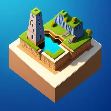 [(simple background 1.5), 5],, (isometric 3d art of floating rock citadel), cobblestone, stone road and hill with a small water