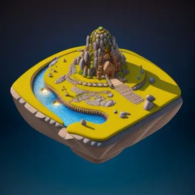 [(simple background 1.5), 5], (isometric 3d art of floating rock citadel), cobblestone, stone road and hill with a small waterf