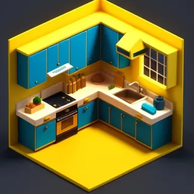 tiny cute isometric kitchen room in a cutaway box, soft smooth lighting, soft colors, yellow and blue color scheme, soft colors,