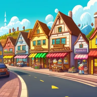 chibi style, 2d, (((town landscape))), road view side, market at town, concept designs, hq, 4k, 8k, cute, funny, centered, detai