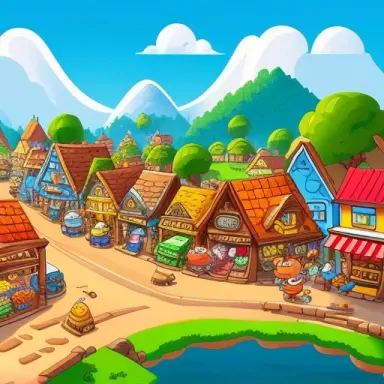 chibi style, 2d, (((town landscape))), market and road at town, concept designs, hq, 4k, 8k, cute, funny, centered, detailed, di
