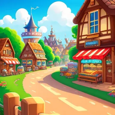 chibi style, 2d, (((town and road landscape))), market at town, concept designs, hq, 4k, 8k, cute, funny, centered, detailed, di