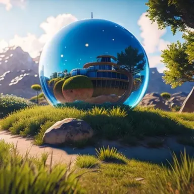 globe on ground made of glass with futuristic city inside unaffected by surroundings, surrounded by overgrown jungle, hyper real