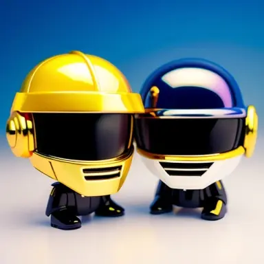 funky pop daft punk figurines, made of plastic, product studio shot, on a white background, diffused lighting, centered,