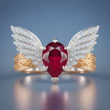 ring jewelry silver metal , ruby pear shape, filigree angel blue wings ,fantasy style,marketplace composition,studio ight, front