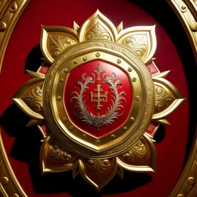red coat of arms symbolizing an open book girded by eight white feathers digital painting, fantasy epic, art by adolf matthia