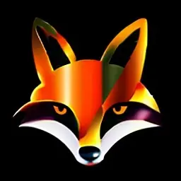 a company logo, the face of a fox in white coming out of a fully black background,