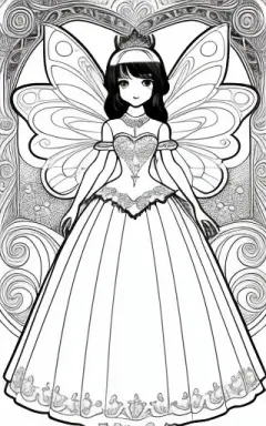 kawaii fairy princess. hearts. cinderella. for a coloring book, hyper light grayscale drawing, ambient occlusion, cartoon realis