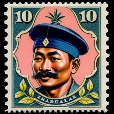 vintage stamp design of a nepalese gurkha, colourful, old fashioned
