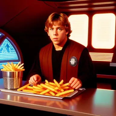 luke skywalker ordering a burger and fries from the death star canteen.