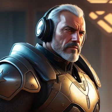 photorealistic official portrait of a mature old man in pose clothed with a sci fi power armor determined look symmetrical fa