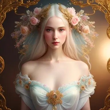 a surreal portrait of a porcelain skinned figure with delicate features and flowing ornate garments surrounded by whimsical el