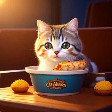 cute small cat sitting in a movie theater eating chicken wiggs watching a movie unreal engine cozy indoor lighting artstation