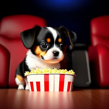 cute small dog sitting in a movie theater eating popcorn watching a movie unreal engine cozy indoor lighting artstation deta