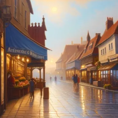oil painting of a city street from middle ages acrylic paint dawn shops light fog realistic soft light