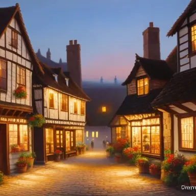 oil painting of a early medieval city street acrylic paint dawn shops light fog realistic ambient soft light