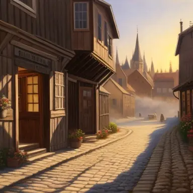 oil painting of a city street from middle ages acrylic paint dirt roads wooden houses dawn shops light fog realistic so