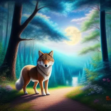 a cub wolf with blue eye and a young boy with blond hair in a forest painting manga fantasy pastel painting in the style of