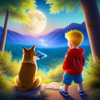 wolf and blond hair boy in a forest drawing colorful cartoon in the style of disney moonlight round blue eyes 4k intr