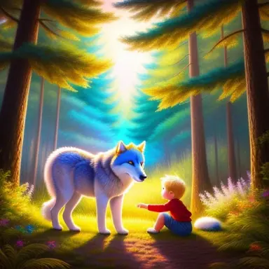 a cub wolf and a young boy with blond hair in a forest painting manga fantasy pastel painting in the style of disney pixa
