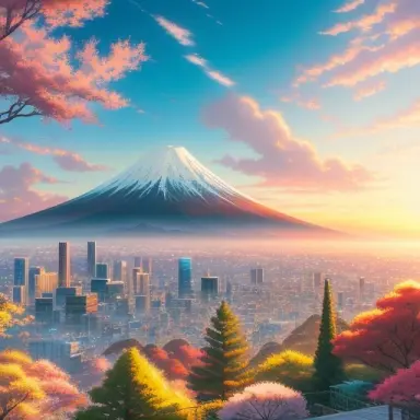 best high quality landscape in the morning light overlooking tokyo beautiful city with fujiyama， from a tall house by greg ru