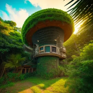 deserted spaceship octopus since decades overgrown with different jungle plants
