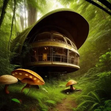 deserted spaceship since decades overgrown with different jungle mushrooms