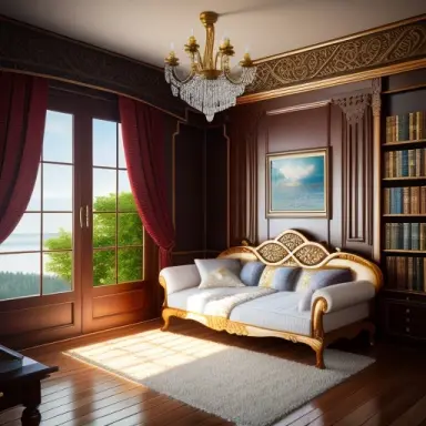 interior design reading corner wide sofa hanging from the ceiling ultra realistic intricate details eerie highly detailed