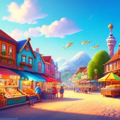 ghibi style 2d town landscape sea fishes market colorful concept design cute funny cute adorable detailed hq hdr