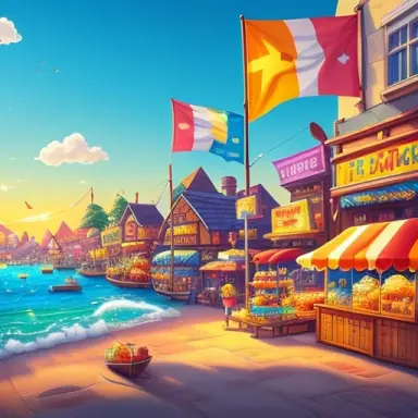 chibi style 2d town landscape sea fishes market colorful concept design cute funny cute adorable detailed hq hdr