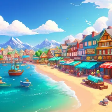 chibi style 2d town landscape sea fishes market colorful concept design cute funny cute adorable detailed hq hdr