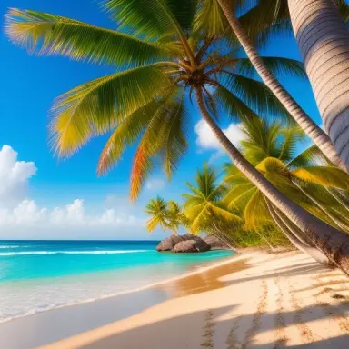 a high resolution image of a tropical beach with a palm tree cluster of coconuts in the foreground. the sunrise is shining brigh