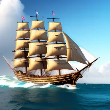 a 17th century spanish galleon with cannons and full sail is sailing through turbulent waters. the ship is old and weathered