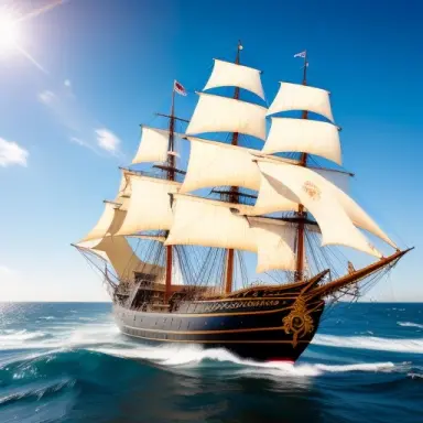 a 17th century spanish galleon with cannons and full sail is sailing through turbulent waters. the ship is old and weathered