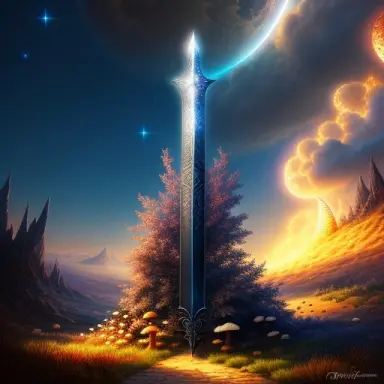 a large sword covered in mushrooms. it is made from the rot and curse of the world and the stars beyond. it carries a void in it