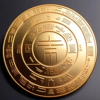 futuristic gold hieroglyphic coin featuring a large chinese symbol in an electronic circuit