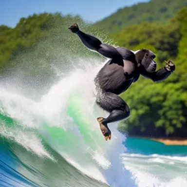 a high wave surfing gorilla 4k resolution real image