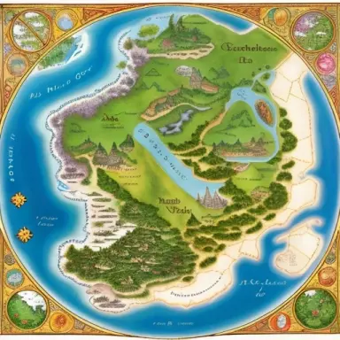a role playing map in medieval fantasy style depicting an imaginary land with cities forests a marsh and islands