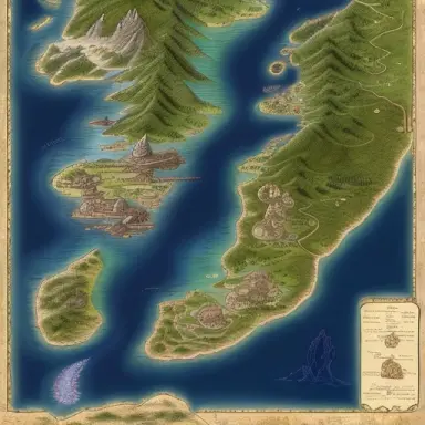 a highly detailed role playing map in medieval fantasy style depicting an imaginary country with cities rivers forests swamp