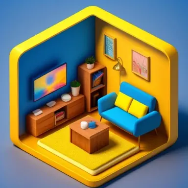 tiny cute isometric living room in a cutaway box soft smooth lighting soft colors yellow and blue color scheme soft colors