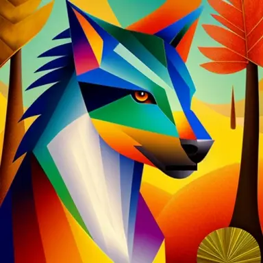 use the principles of cubism to create a whimsical and dynamic image of a fantastical animal. incorporate elements of nature suc