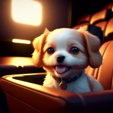 Cute small dog sitting in a movie theater eating hamburger watching a movie ,unreal engine, cozy indoor lighting, artstation, de