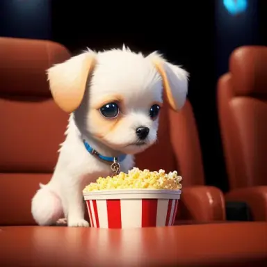 Cute small dog sitting in a movie theater eating popcorn watching a movie ,unreal engine, cozy indoor lighting, artstation, deta